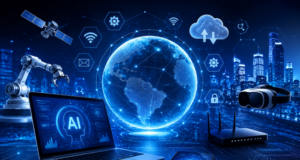 How Technology Is Changing Our Everyday Lives Modern technology elements showcasing AI, smart devices, cloud computing, and global connectivity.