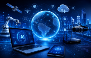 How Technology Is Changing Our Everyday Lives Modern technology elements showcasing AI, smart devices, cloud computing, and global connectivity.