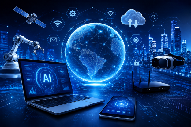 How Technology Is Changing Our Everyday Lives Modern technology elements showcasing AI, smart devices, cloud computing, and global connectivity.