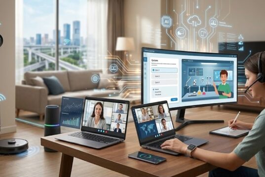 How Technology Is Transforming Our Lives, Work, and Learning Abstract illustration of Artificial Intelligence and technology network connecting global systems