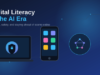 What Is Digital Literacy? Navigating Digital Systems & AI Safely Illustration of a laptop, smartphone and AI network icons representing digital literacy, online banking and cybersecurity awareness