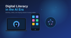 What Is Digital Literacy? Navigating Digital Systems & AI Safely Illustration of a laptop, smartphone and AI network icons representing digital literacy, online banking and cybersecurity awareness
