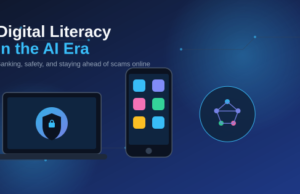 What Is Digital Literacy? Navigating Digital Systems & AI Safely Illustration of a laptop, smartphone and AI network icons representing digital literacy, online banking and cybersecurity awareness